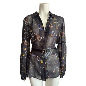 CABI Victoria sheer black blouse - equestrian chain graphic - women’s medium